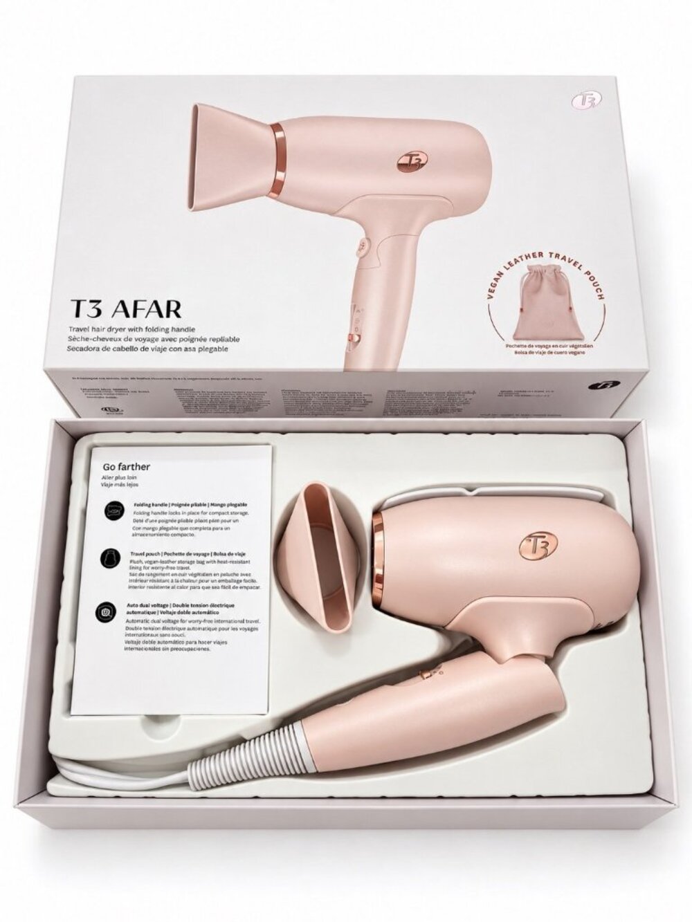 T3 Afar Travel Hair Dryer Folding Handle Satin Blush Pink Lightweight • NIB - Picture 2 of 8